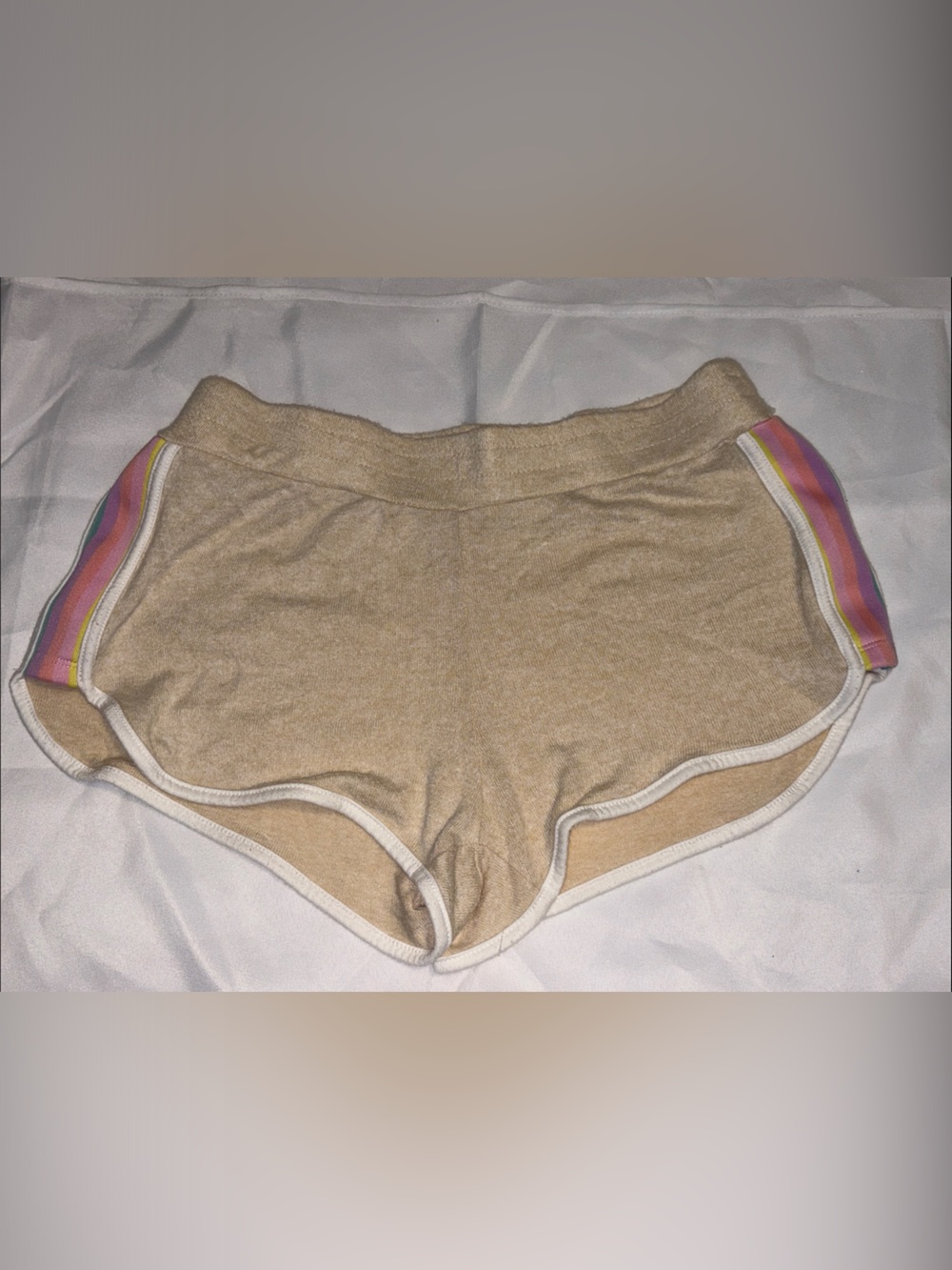 Inspired Hearts Tan Ribbed Lounge Shorts with Rainbow Trim Large